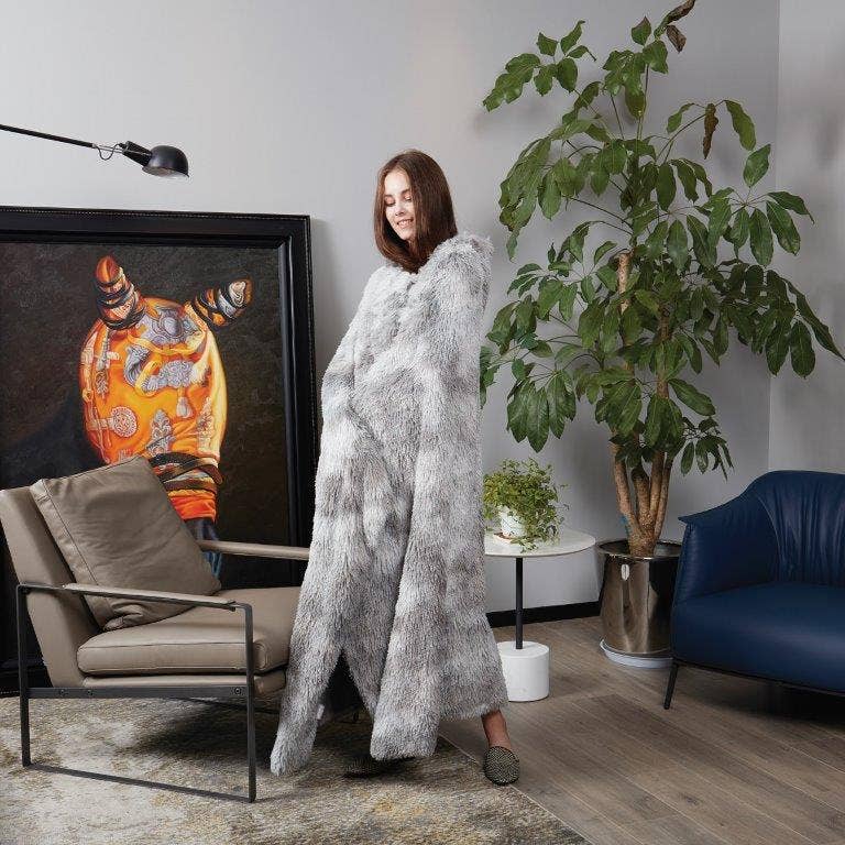 "Gray Tie Dye" Faux Fur Plush Hooded Throw Blanket