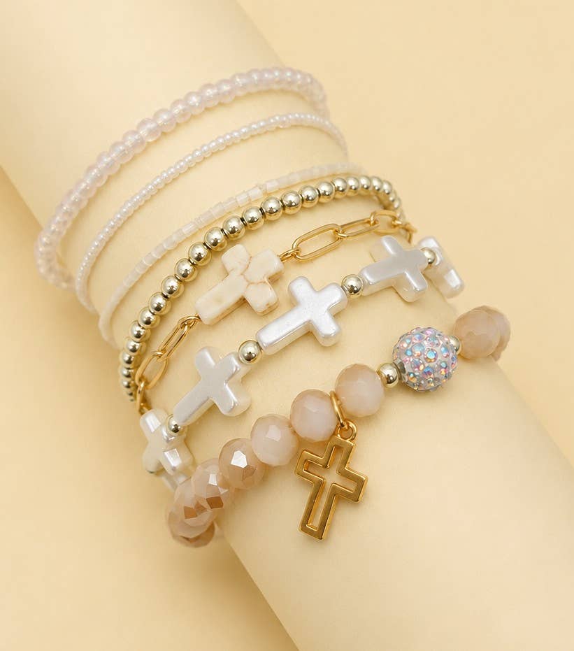 Cross Charm Mixed Beaded Bracelet Set
