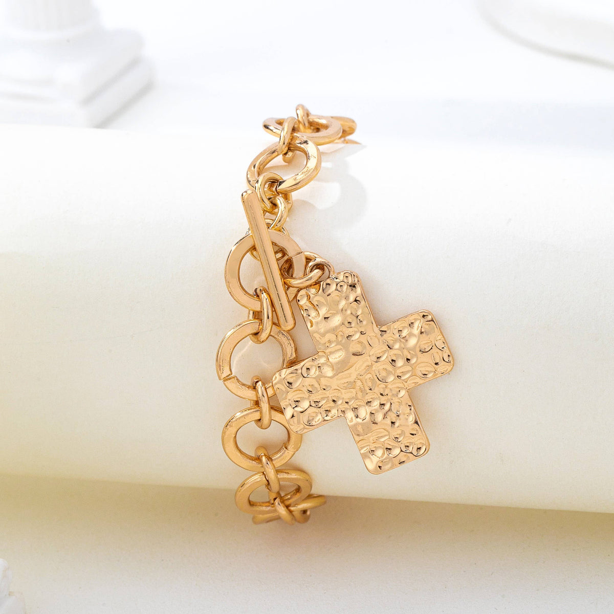 gold hammered cross toggle bracelet