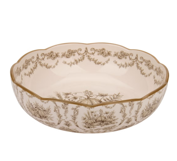 dinner bowl with taupe toile pattern with pumpkins and cornucopia
