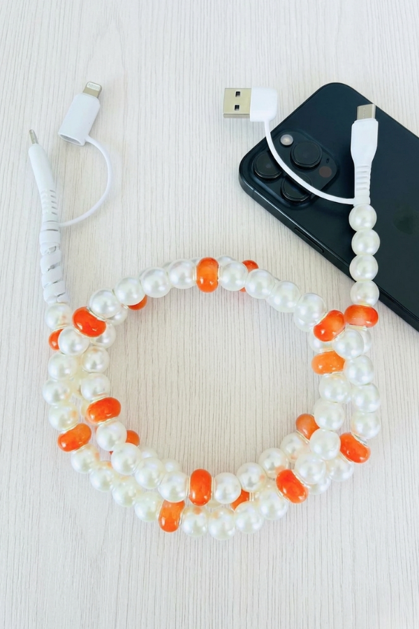 Orange and White Pearl Beaded Charging Cord