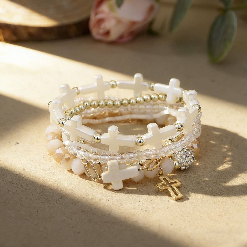 Cross Charm Mixed Beaded Bracelet Set