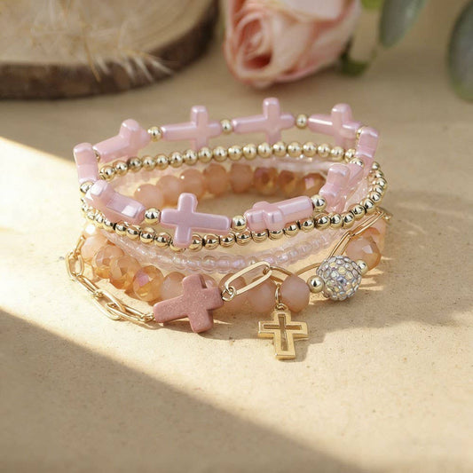Cross Charm Mixed Beaded Bracelet Set