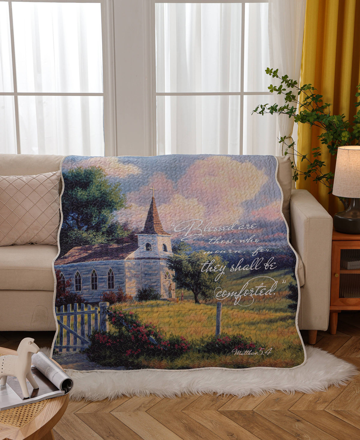 sympathy quilts with white church with Bible verse Blessed are they who mourn