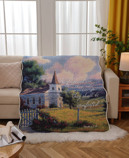 sympathy quilts with white church with Bible verse Blessed are they who mourn