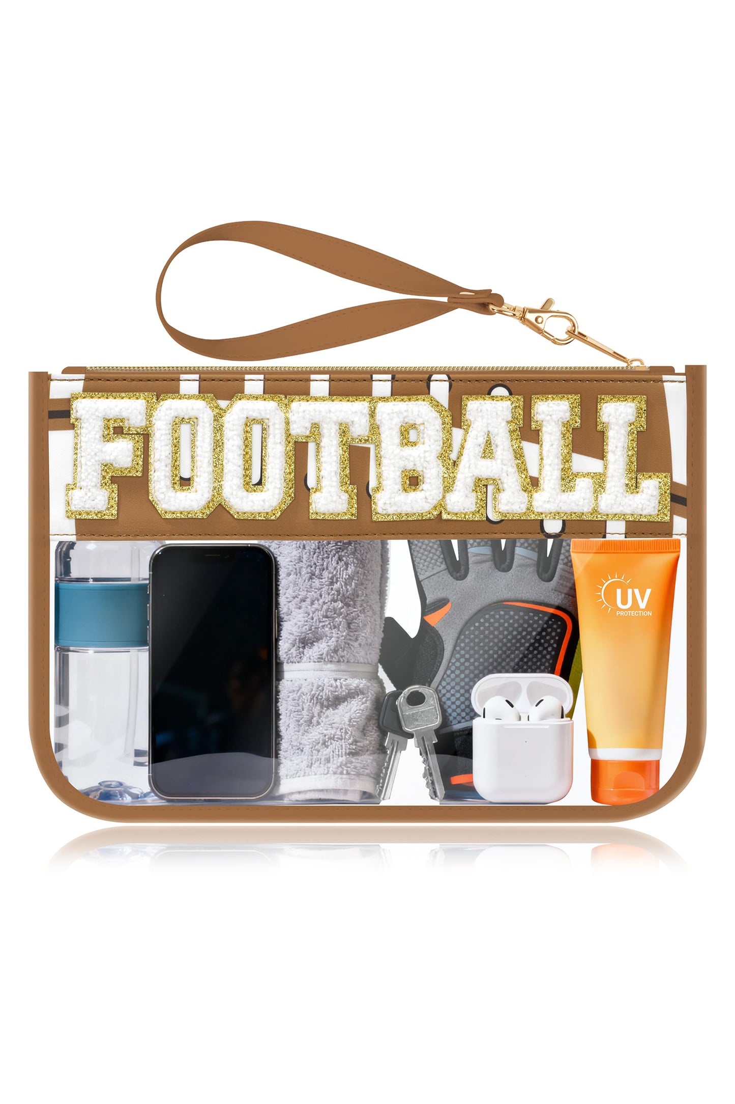 Brown BASEBALL Chenille Letter Patch Game Day Stadium Clear PVC Cosmetic Bag