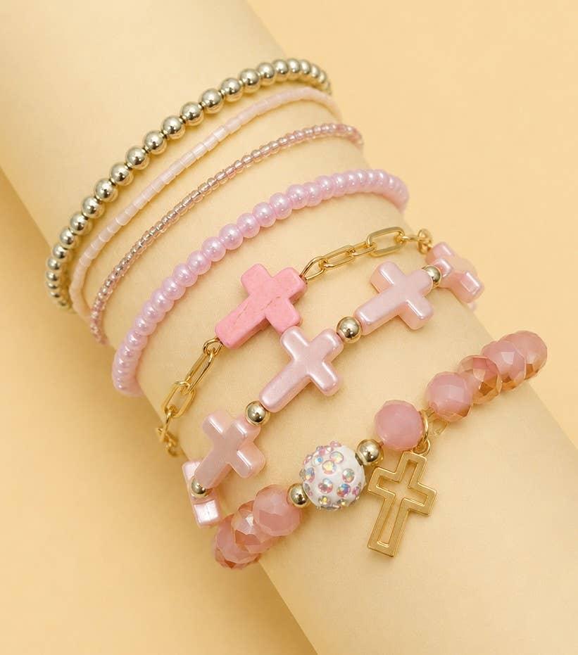 Cross Charm Mixed Beaded Bracelet Set