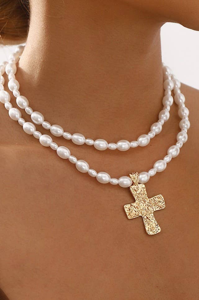 LUSTROUS FAUX PEARL BEADED LAYERED CROSS NECKLACE
