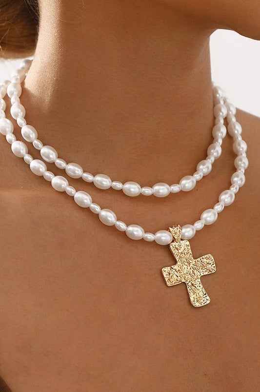 LUSTROUS FAUX PEARL BEADED LAYERED CROSS NECKLACE