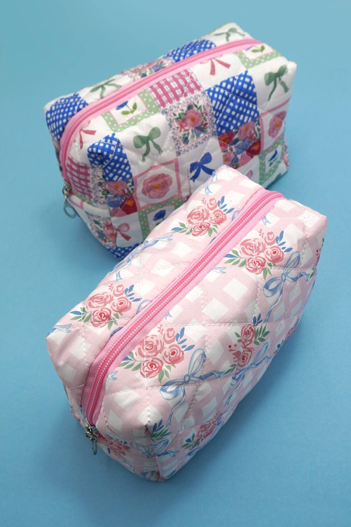 BOW QUILTED COTTON FLORAL COSMETIC POUCH BAG