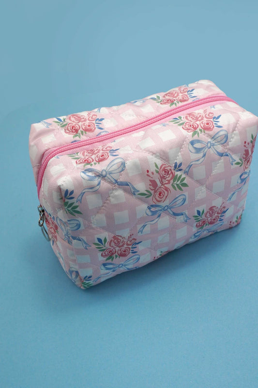 BOW QUILTED COTTON FLORAL COSMETIC POUCH BAG