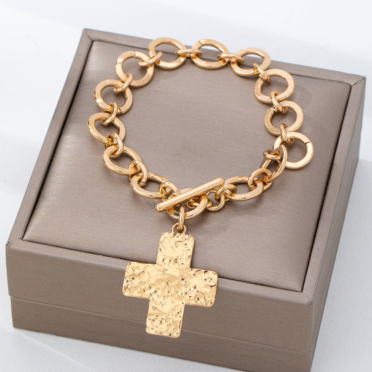 gold hammered cross toggle bracelet