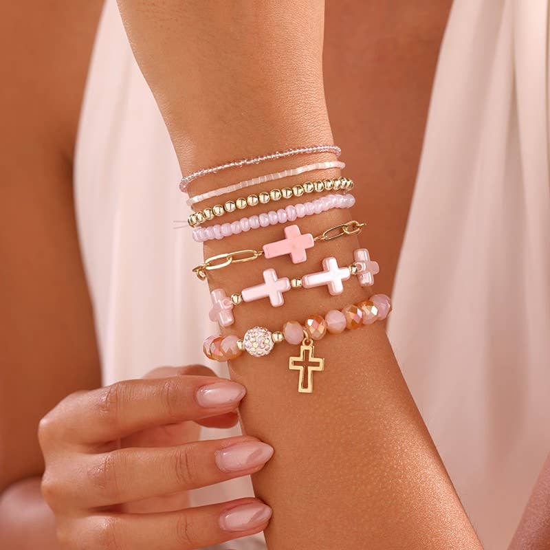Cross Charm Mixed Beaded Bracelet Set