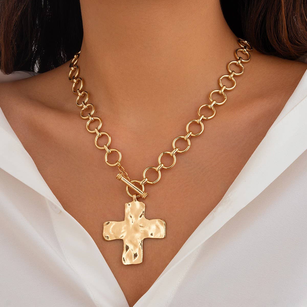 gold hammered cross necklace