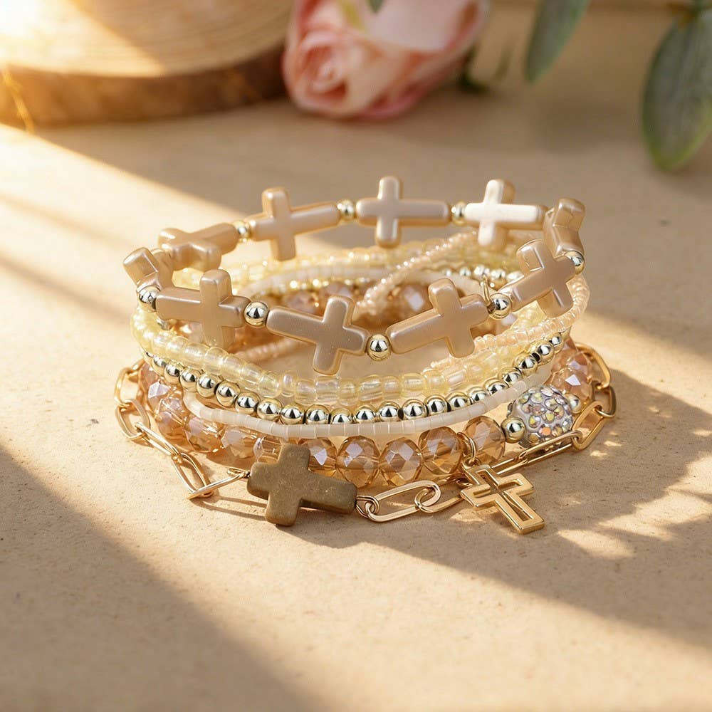 Cross Charm Mixed Beaded Bracelet Set