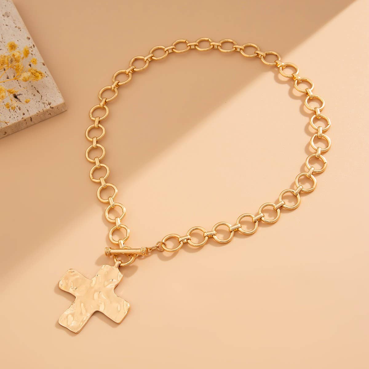 gold hammered cross necklace