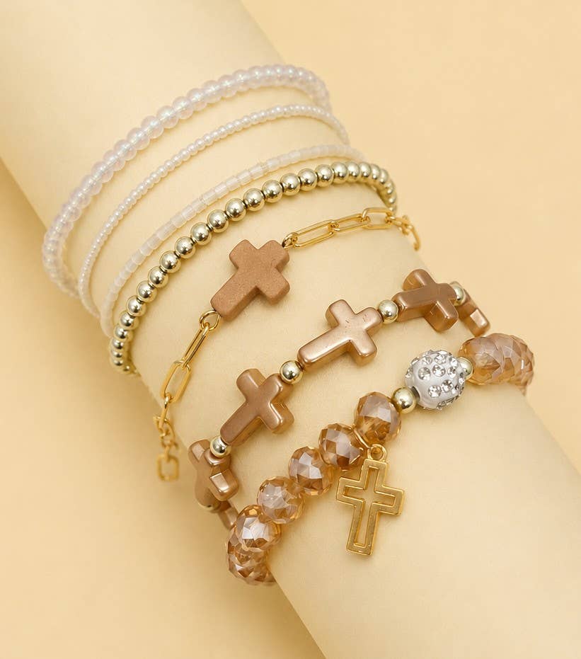 Cross Charm Mixed Beaded Bracelet Set