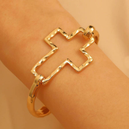 gold hammered open cross bangle