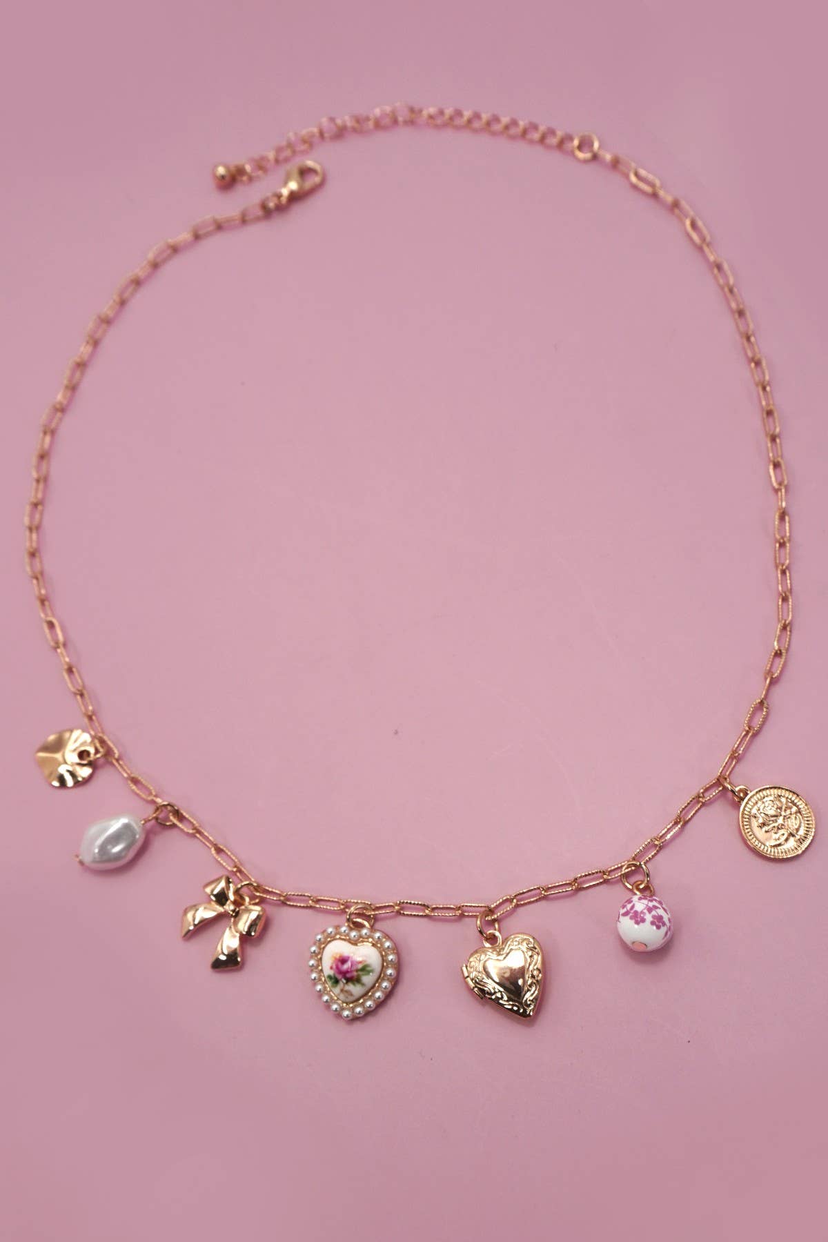 CERAMIC PORCELAIN BOW HEART CHARM LINK NECKLACE | 80N91546: Gold