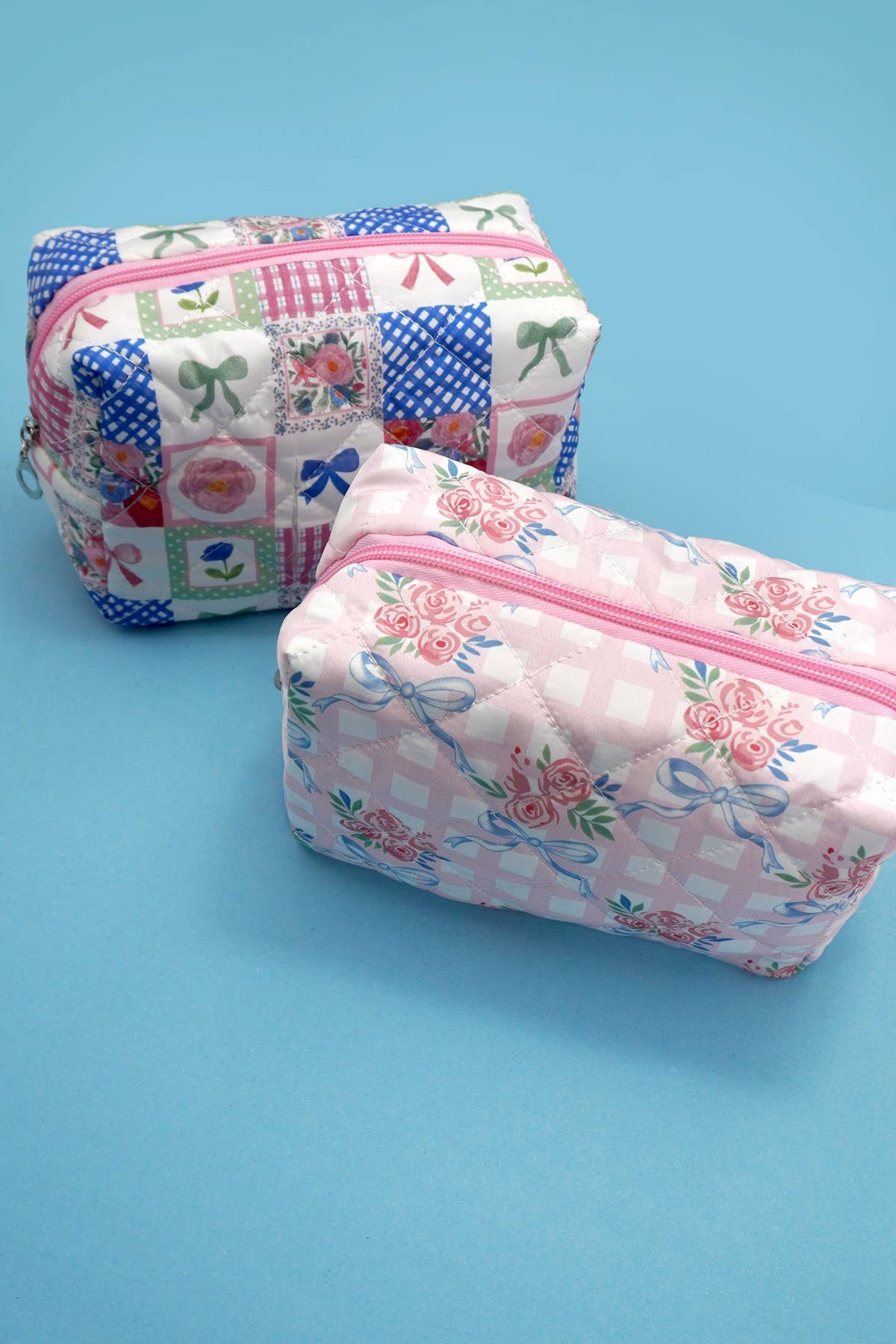 BOW QUILTED COTTON FLORAL COSMETIC POUCH BAG