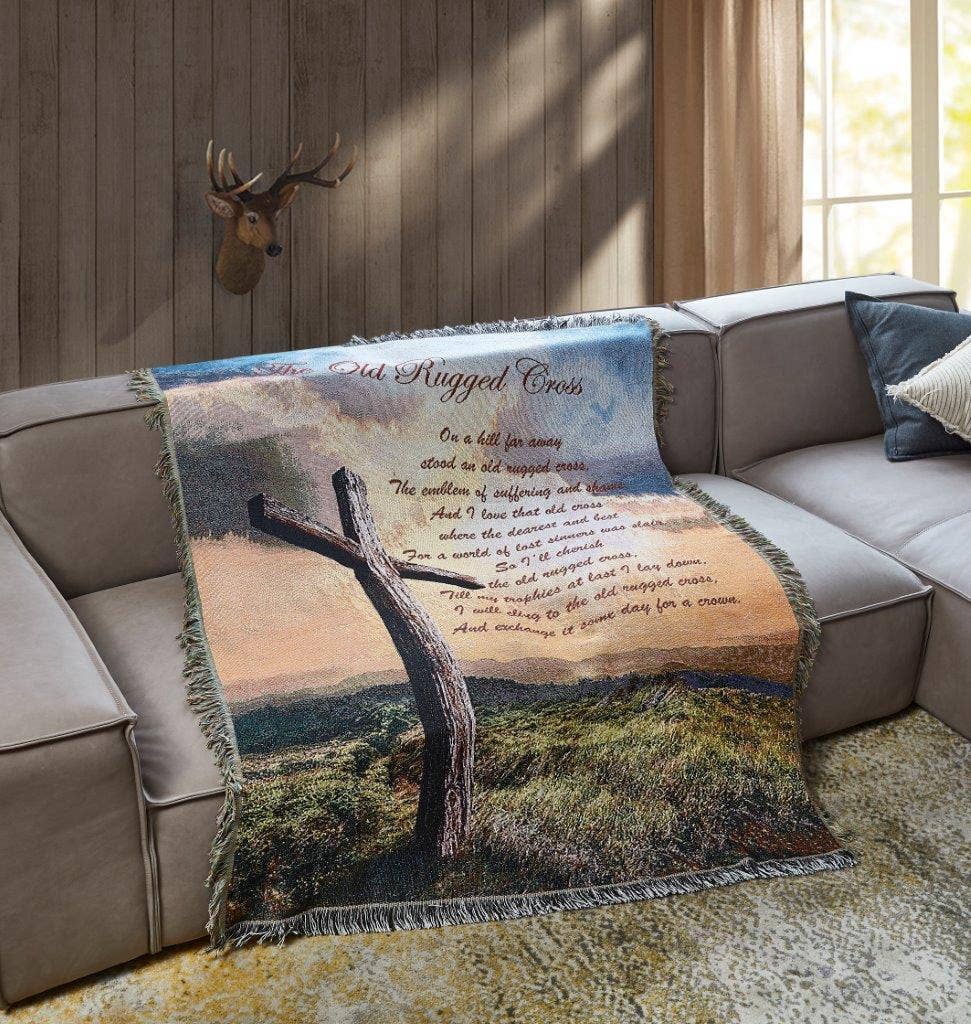 tapestry throw with cross and lyrics to old rugged cross