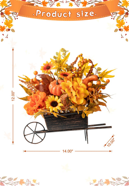Small metal wheel barrow full of fall flowers & foliage