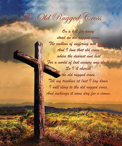 Religious memorial blanket with cross and words to the song old rugged cross