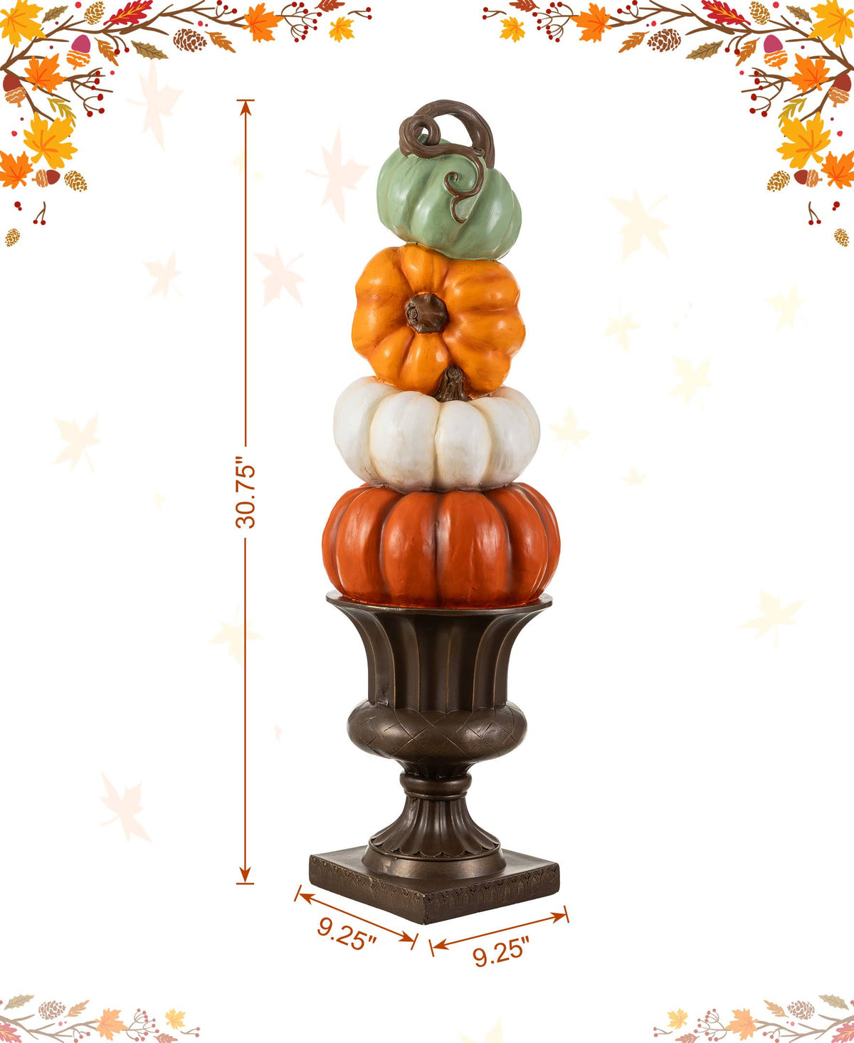 Stack of orange, white, and turquoise pumpkins on an urn for front porch