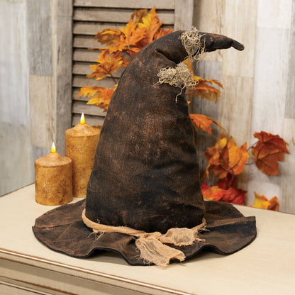 Primitive Black Witches hat decoration with moss at the top