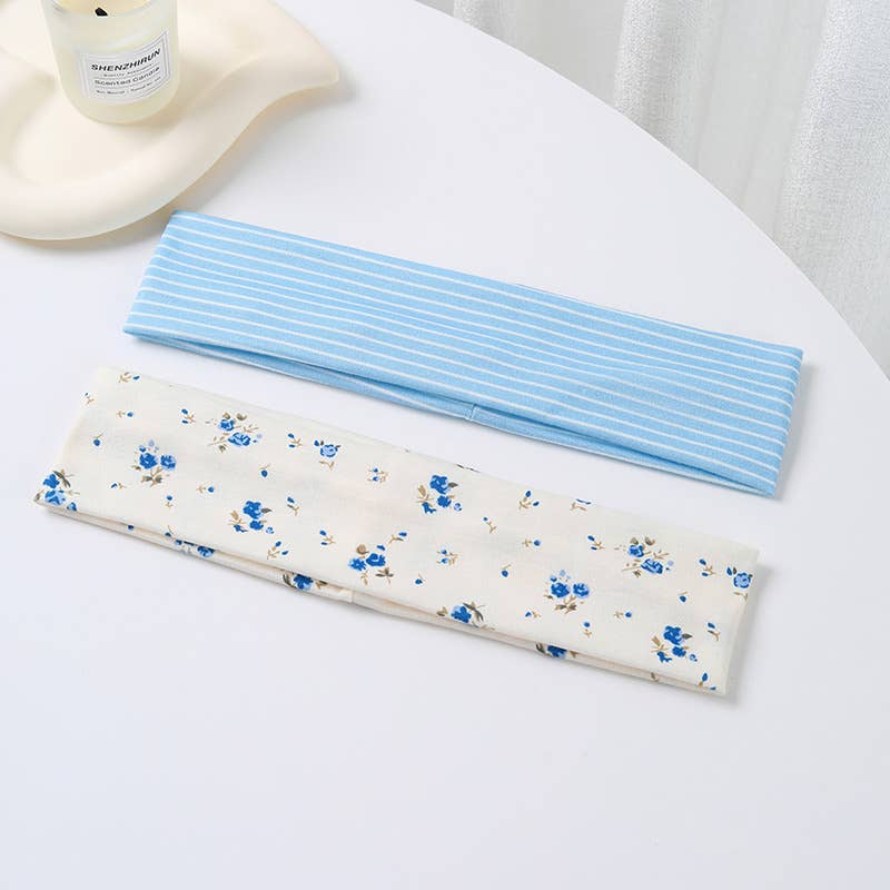 Blue Stripe & Vintage Floral Printed Headband Set