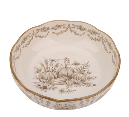 dinner bowl with taupe toile pattern with pumpkins and cornucopia