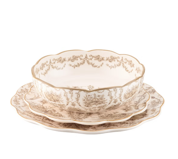 dinner bowl with taupe toile pattern with pumpkins and cornucopia