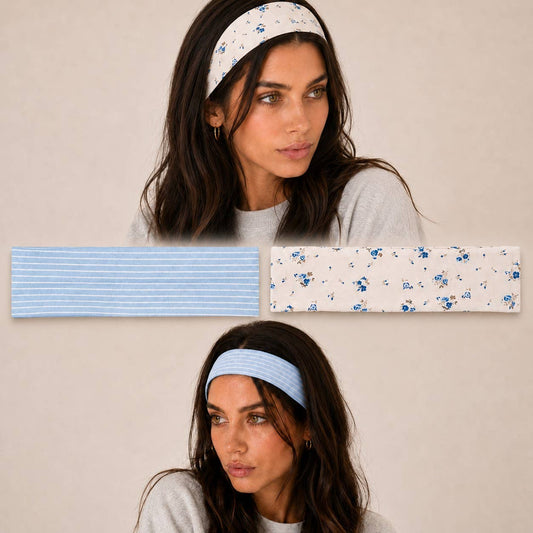 Blue Stripe & Vintage Floral Printed Headband Set