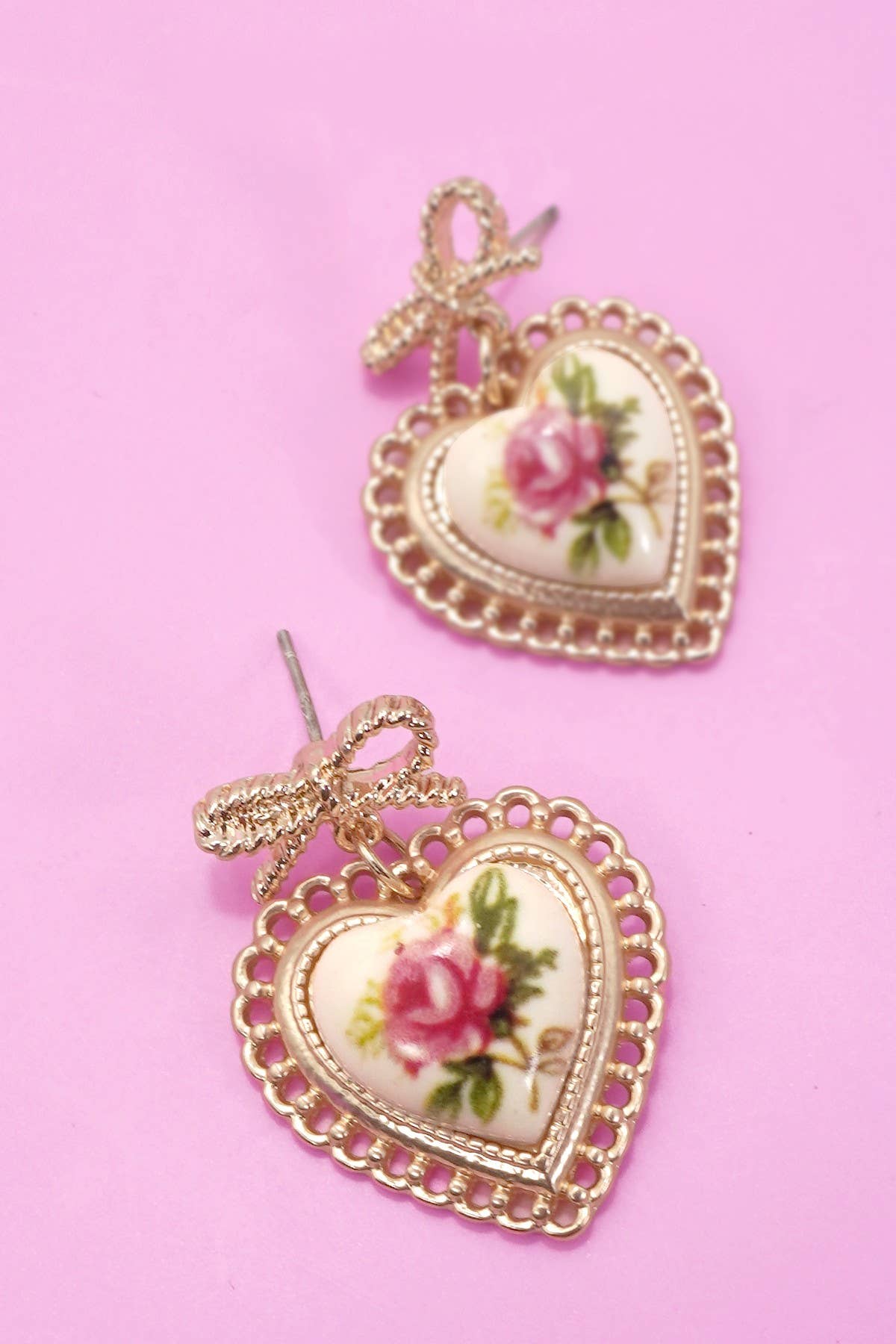 ROSE CERAMIC PORCELAIN BOW DROP EARRINGS