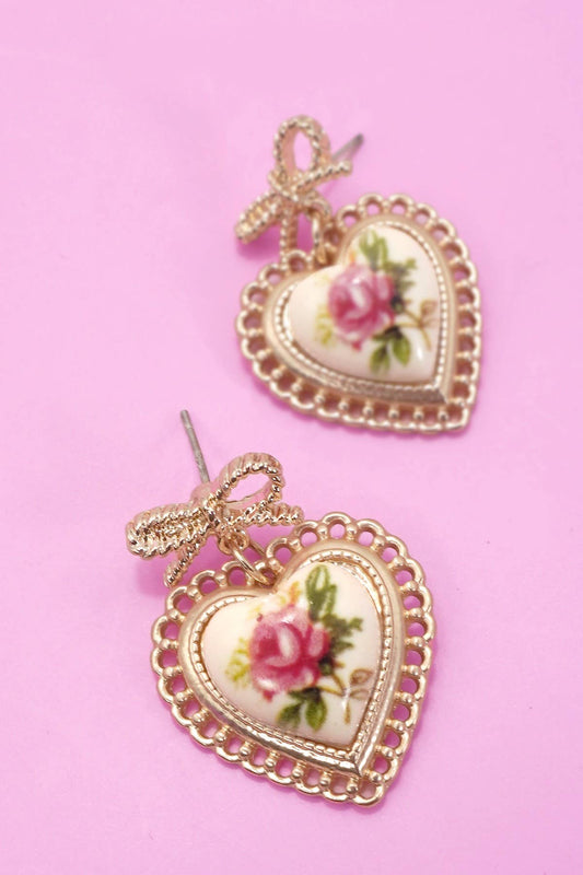 ROSE CERAMIC PORCELAIN BOW DROP EARRINGS