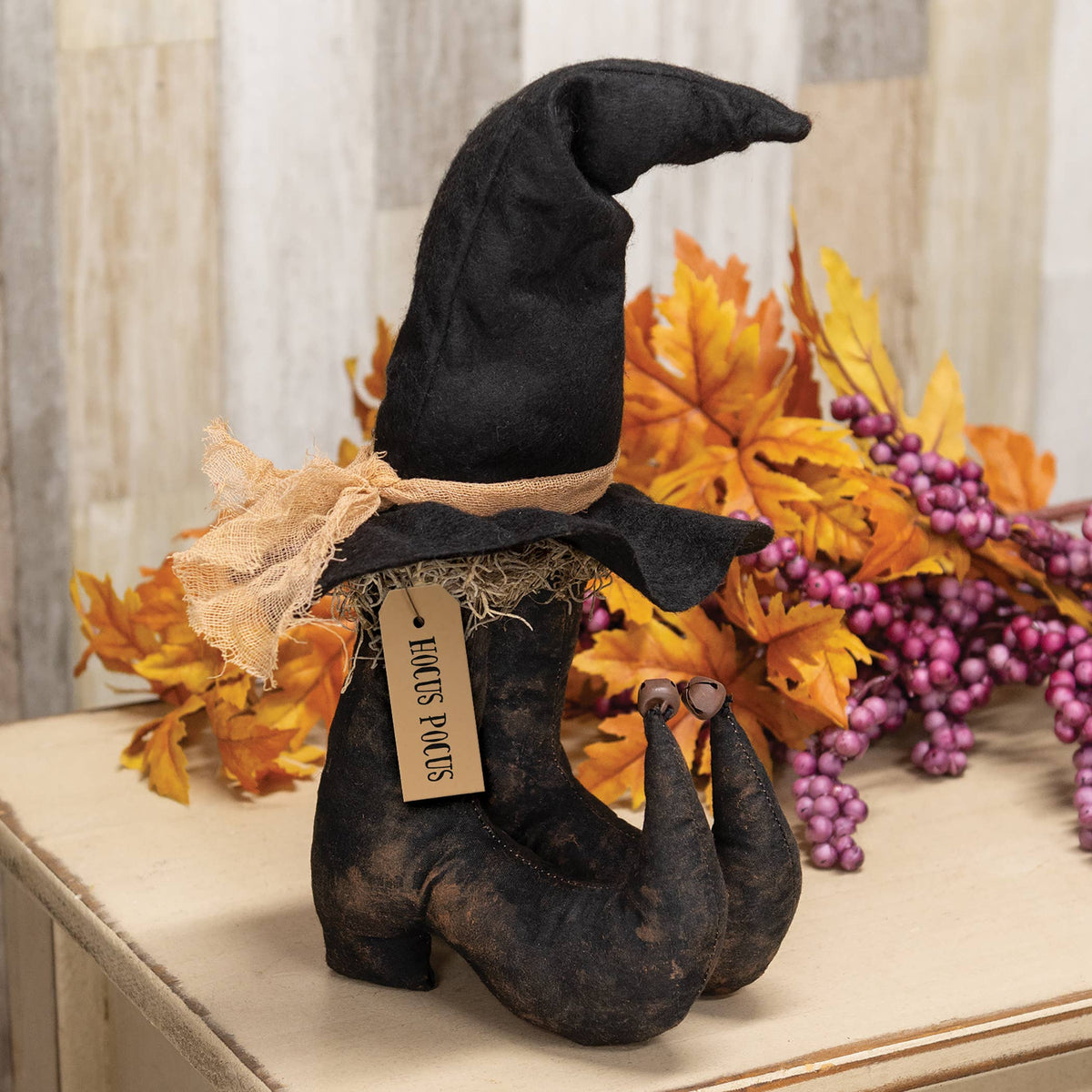 Black stuff Witches boots with a witches hat Halloween decoration