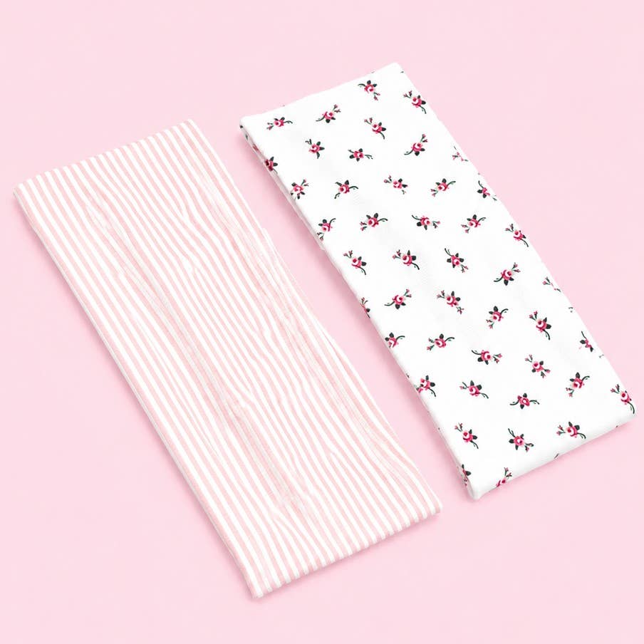Pink Pinstripe & Floral Printed Headband Set