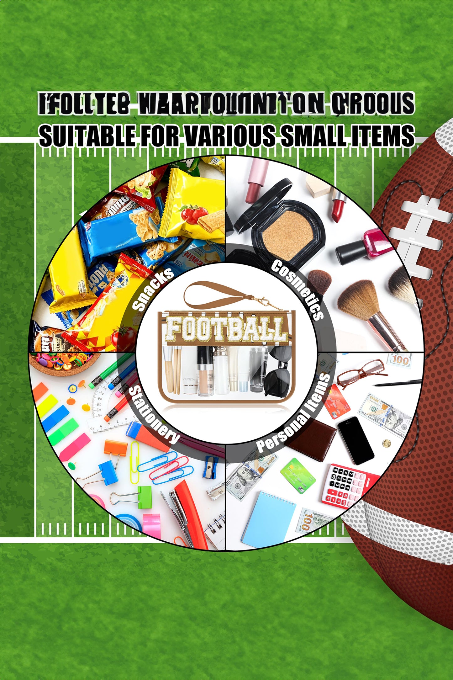 Brown BASEBALL Chenille Letter Patch Game Day Stadium Clear PVC Cosmetic Bag