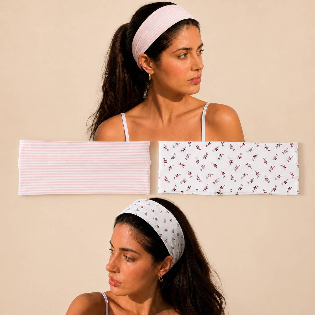 Pink Pinstripe & Floral Printed Headband Set