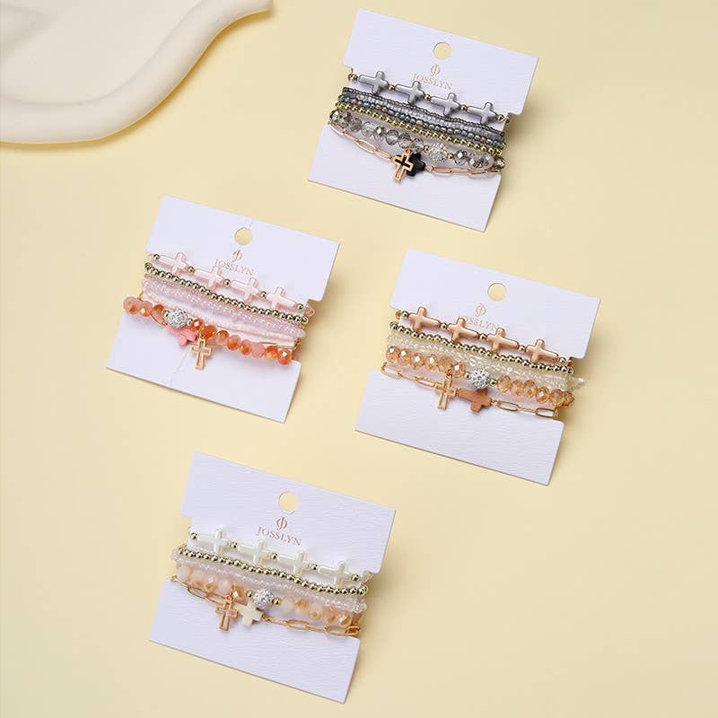 Cross Charm Mixed Beaded Bracelet Set