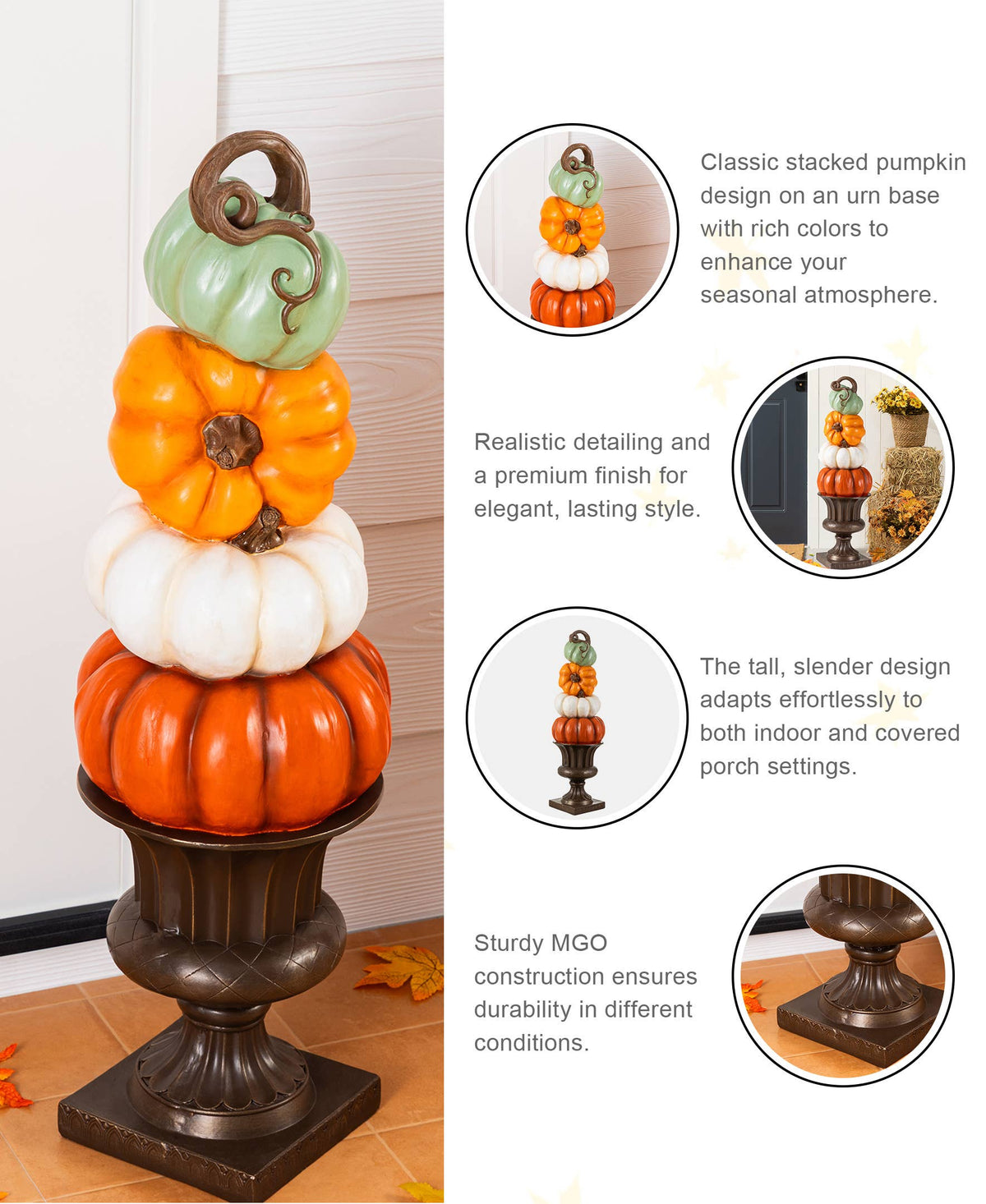 Stack of orange, white, and turquoise pumpkins on an urn for front porch