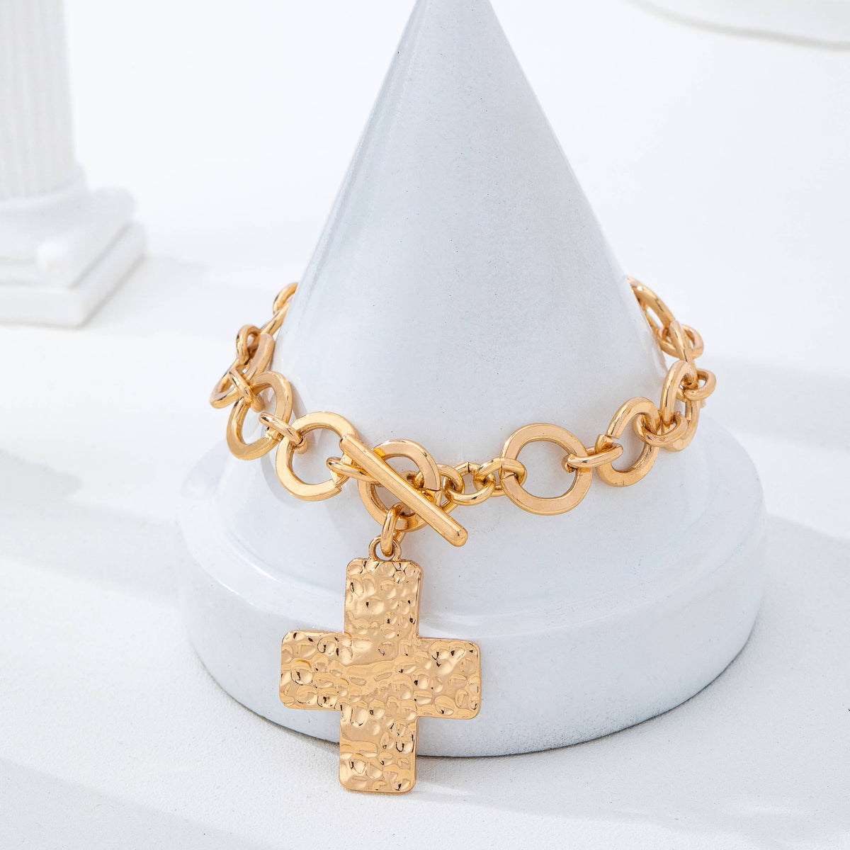gold hammered cross toggle bracelet