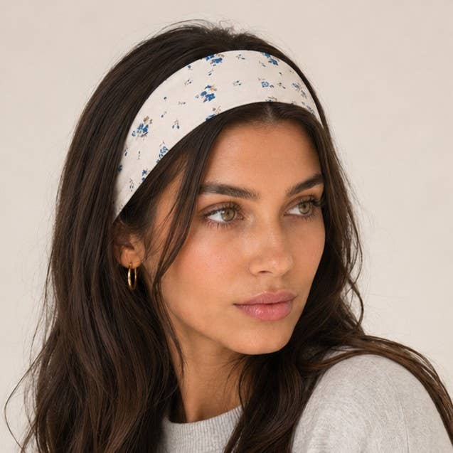 Blue Stripe & Vintage Floral Printed Headband Set