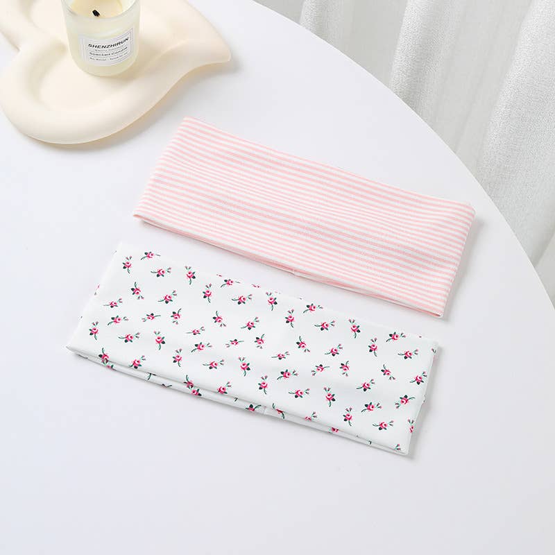 Pink Pinstripe & Floral Printed Headband Set